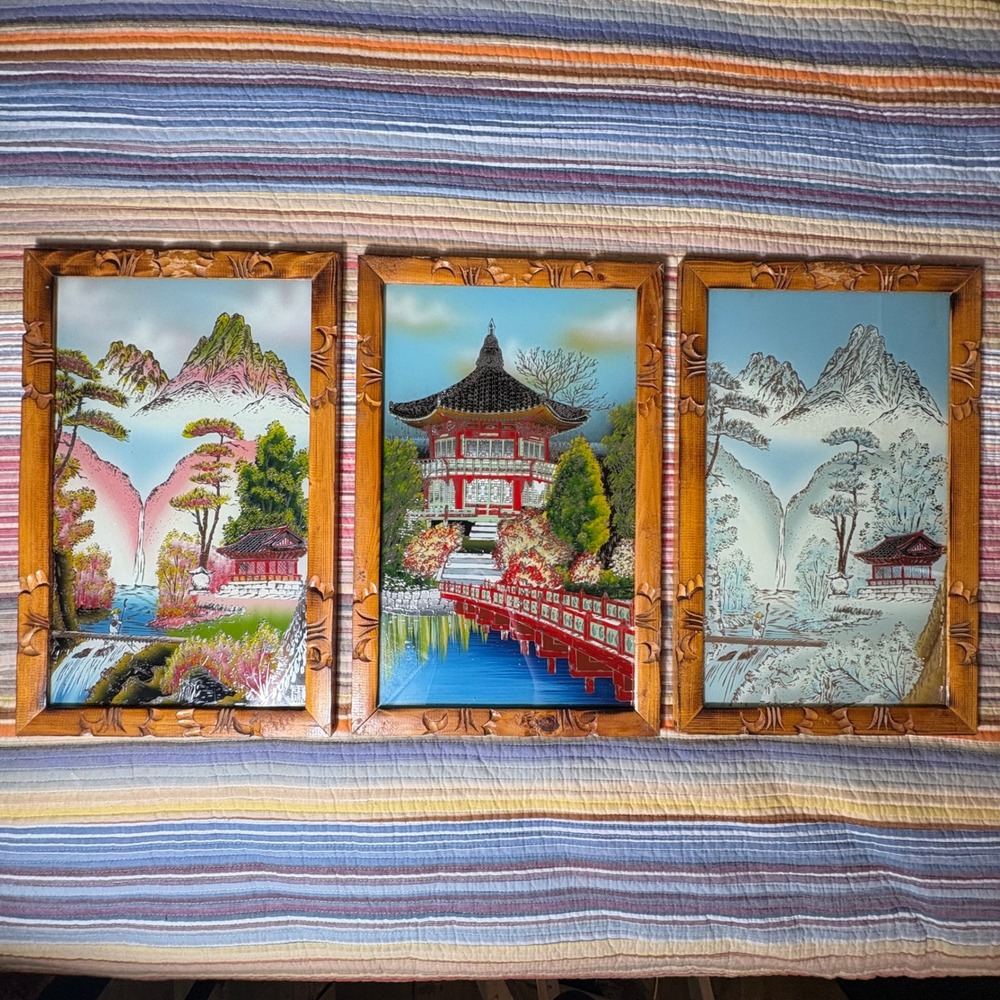 Vintage Asian Reverse Glass Painting Triptych Set Carved Wood Frame Pagoda 3pc